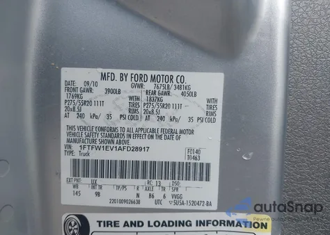 2010 Ford F-150 Fx4/Harley-Davidson/King Ranch/Lariat/Platinum/Xl/Xlt из США, поврежденный, VIN 1FTFW1EV1AFD28917